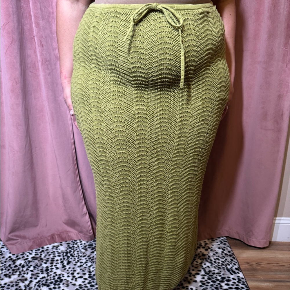 Olive Green Knit Maxi Skirt with Drawstring Waist